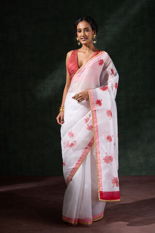 Off White Pure Organza Printed Embroidery Saree thumbnail image number null