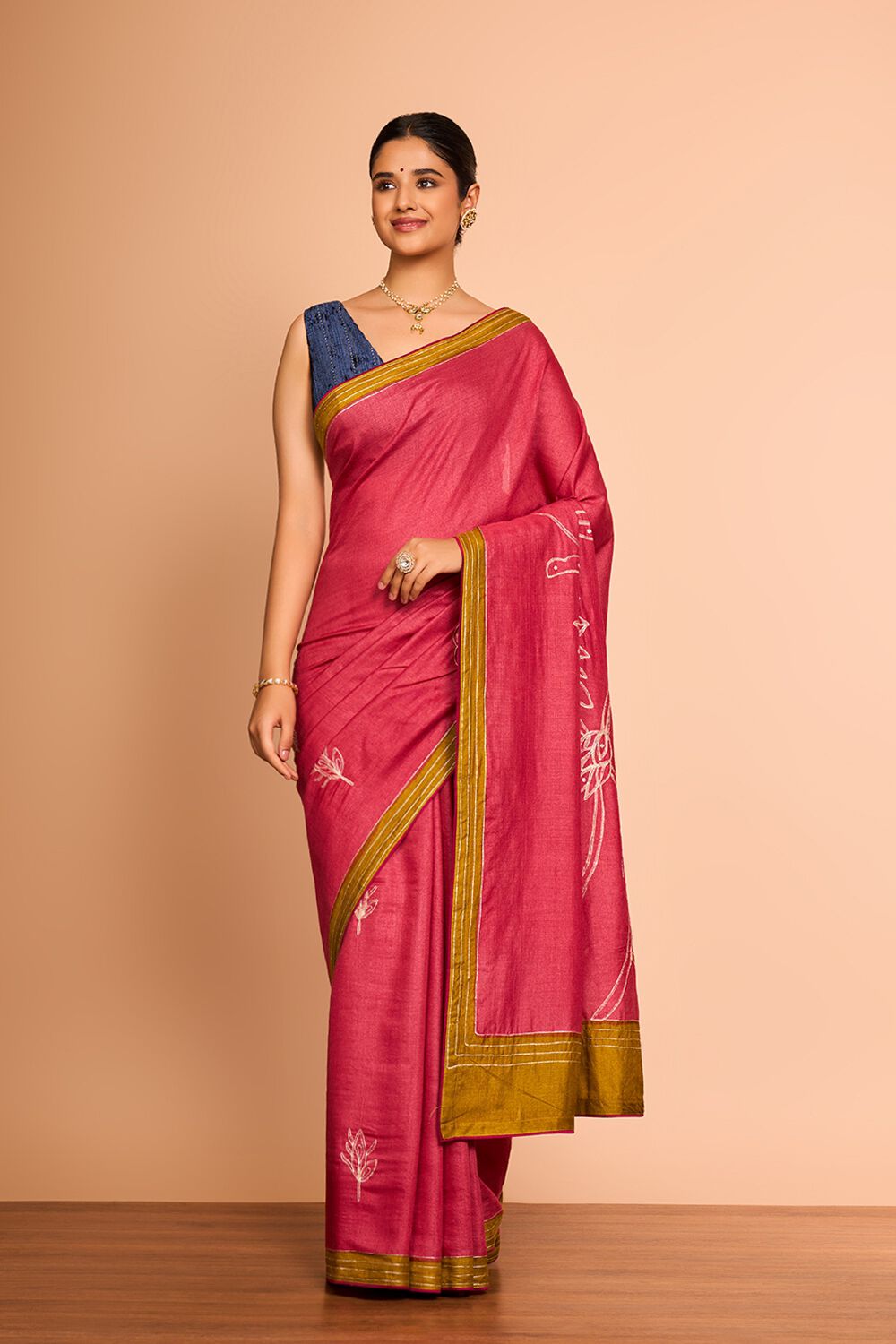 Red Embroidered Pure Tussar Silk Saree image number null