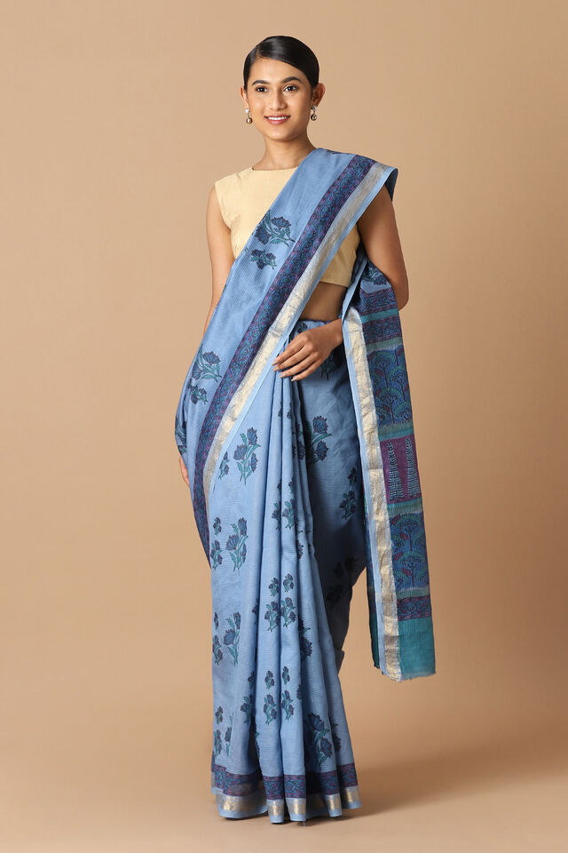 Blue Pure Silk Cotton Sanganeri Printed Saree