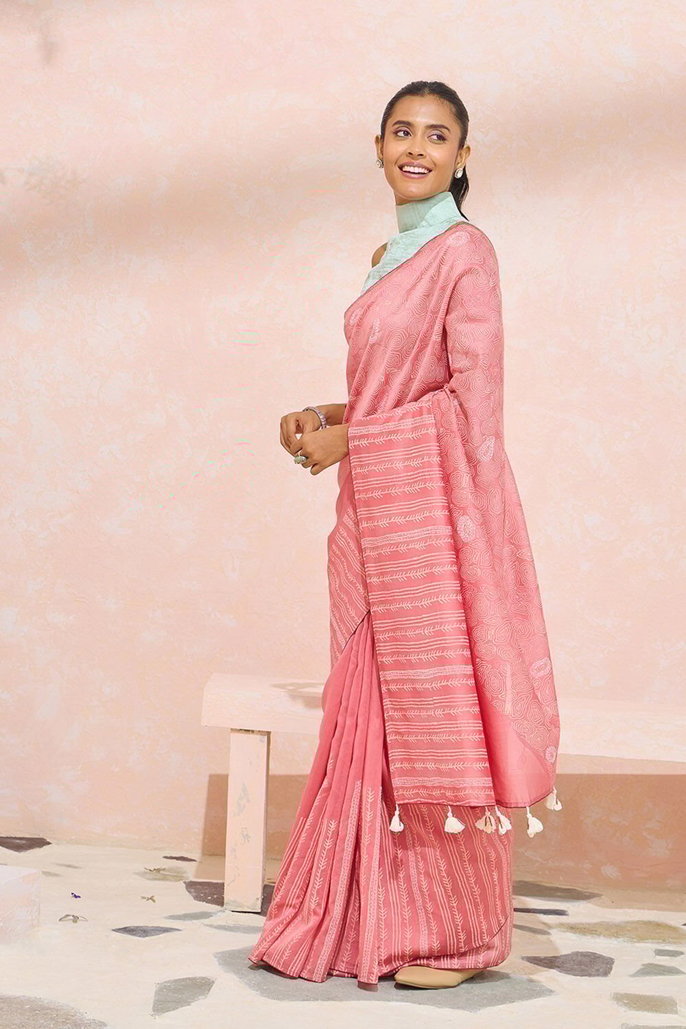 Light Pink Block Printed Pure Silk Cotton Saree image number null