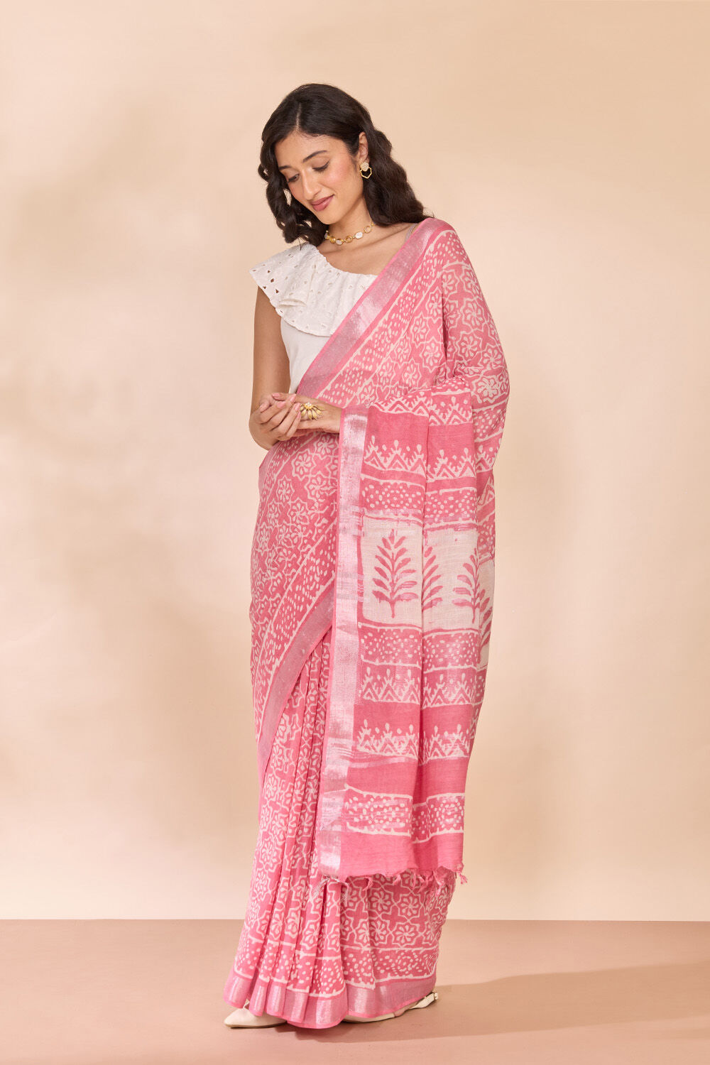 Pink Bagru Viscose Cotton Dabu Block Printed Saree image number null