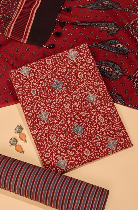 Dark Red Pure Cotton Ajrakh Unstitched Suit Set