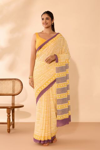 Light Yellow Mulmul Block Printed Bengal Saree thumbnail image number null