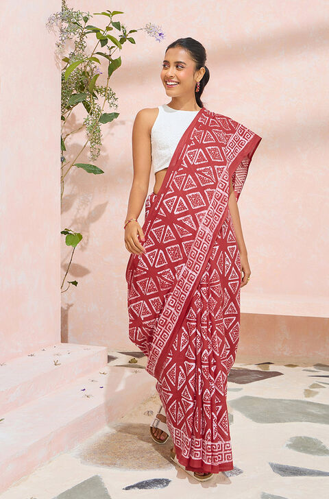 Red Ujjain Pure Cotton Batik Saree