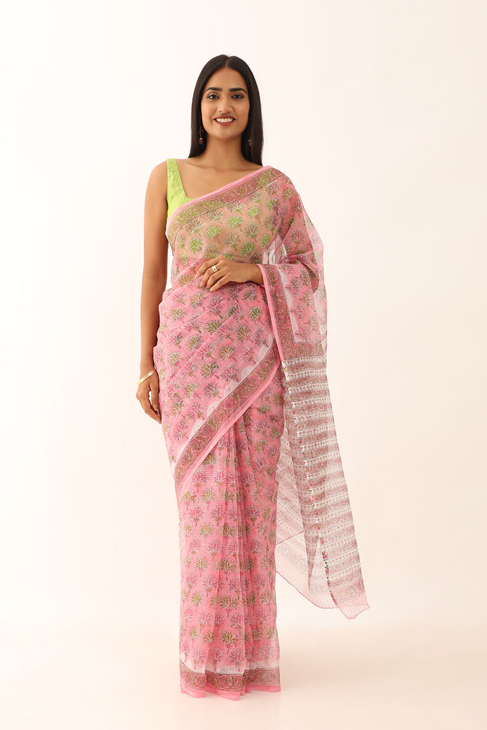 Pink Pure Cotton Kota Bagru Block Printed Saree image number null