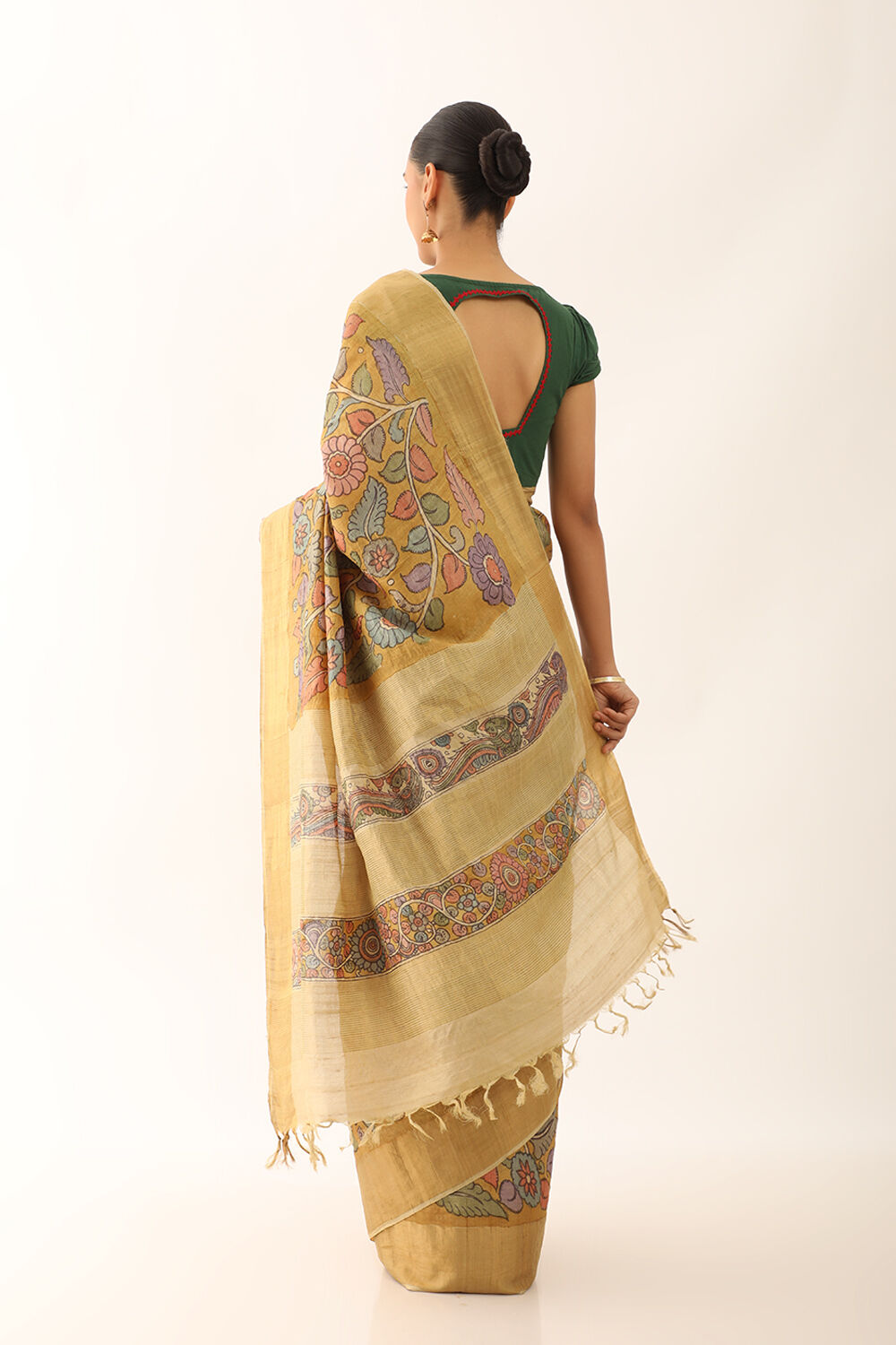 Yellow Srikalahasti Pure Tussar Silk Kalamkari Saree image number null