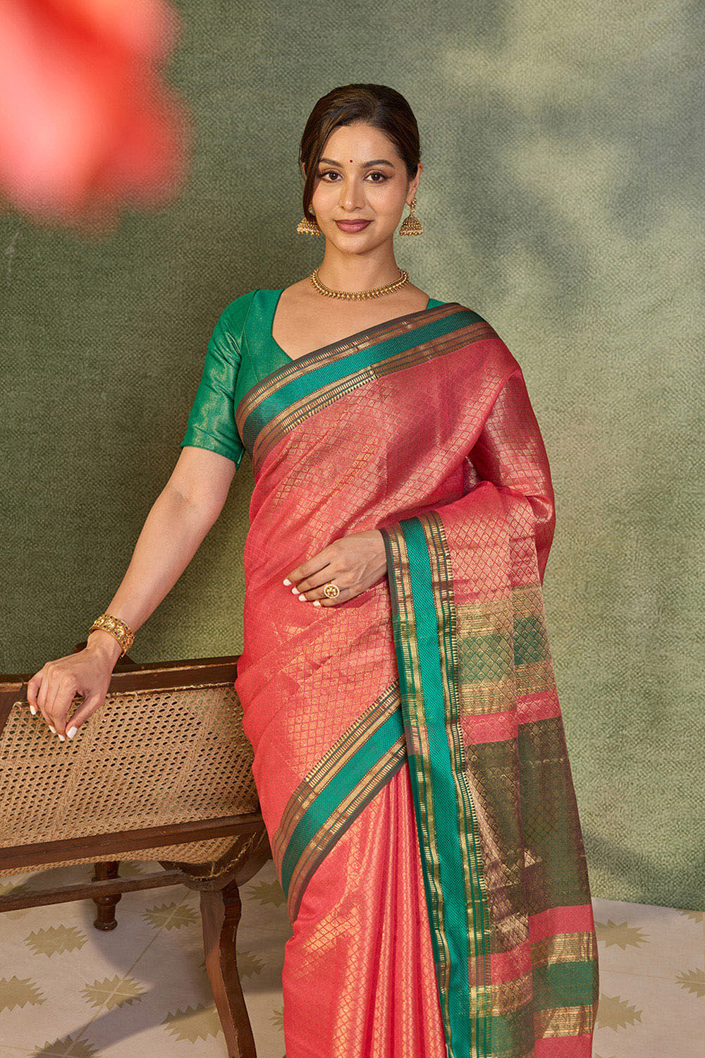 Pink Brocade Pure Silk Cotton Maheshwari Saree image number null