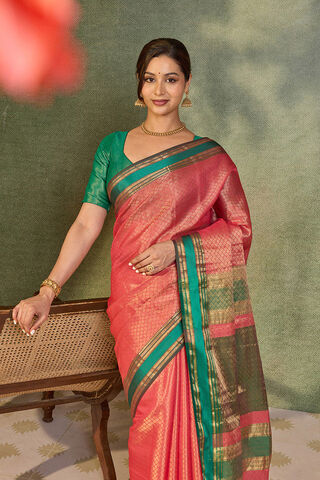 Pink Brocade Pure Silk Cotton Maheshwari Saree image number