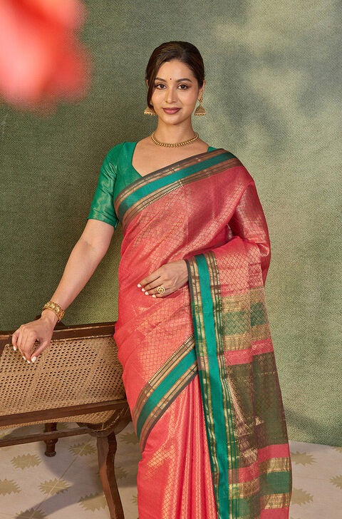 Pink Brocade Pure Silk Cotton Maheshwari Saree