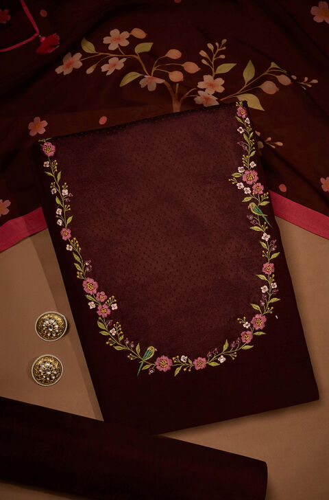 Brown Pure Viscose Embroidered Unstitched Suit Set