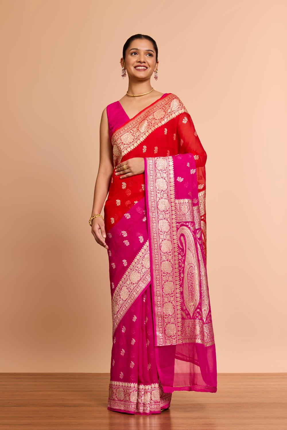 Red Pure Silk Georgette Cutwork Banaras Saree image number null