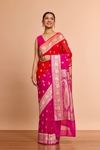 Red Pure Silk Georgette Cutwork Banaras Saree thumbnail image number null