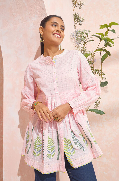 Light Pink Block Printed Pure Cotton Short Top