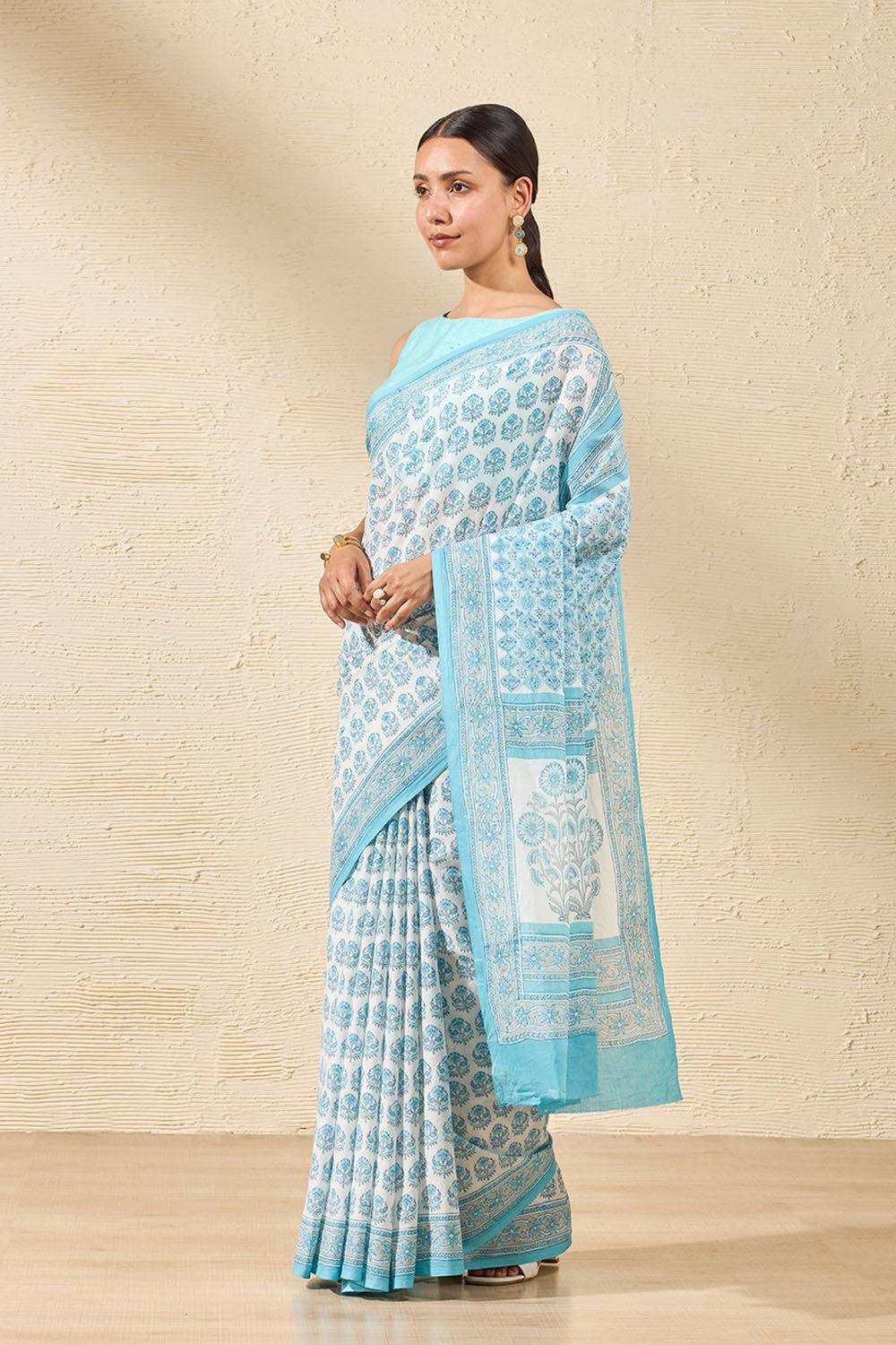 Light Blue Rajasthan Block Printed Pure Cotton Saree image number null