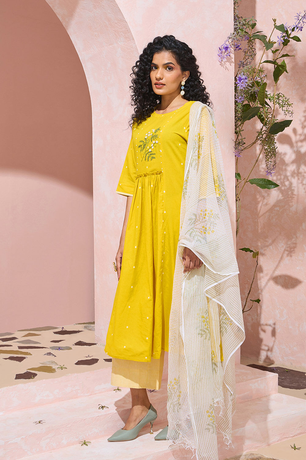 Yellow Pure Cotton Printed Embroidery Kurta Set image number null