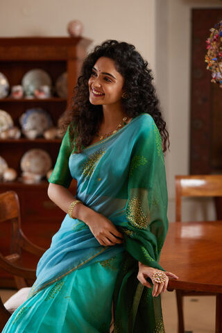 Blue Pure Silk Organza Hand Painted Saree thumbnail image number null