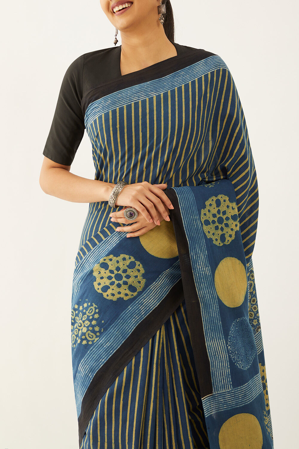 Blue Pure Cotton Ajrakh Block Print Saree image number null