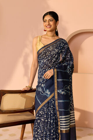 Blue Bagru Bagru Block Printed Pure Silk Cotton Saree image number