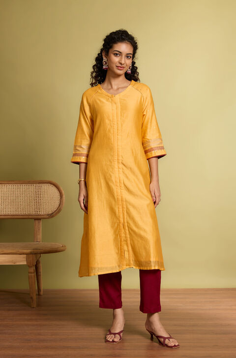 Yellow Pure Silk Cotton Embroidered Kurta