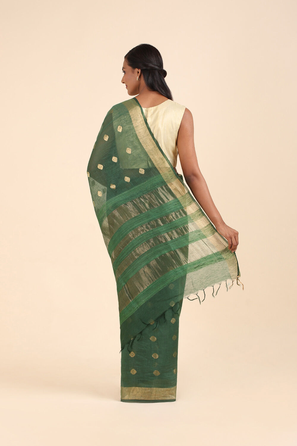 Dark Green Pure Silk Linen Bengal Saree image number null