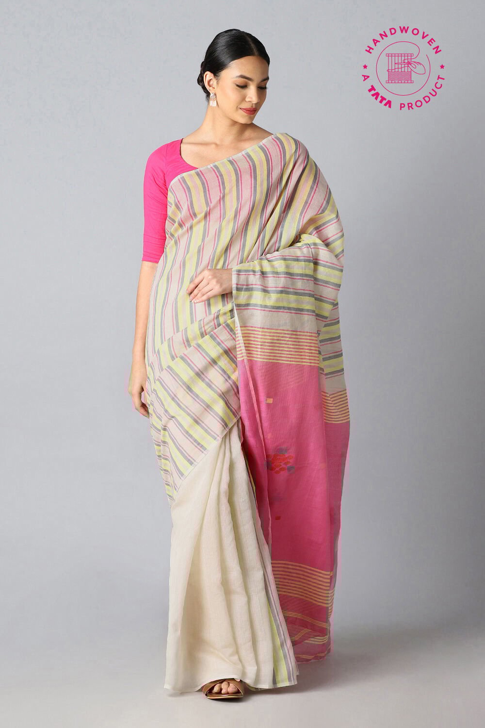 Off White Pure Silk Cotton Jamdani Saree image number null