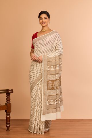 Off White Cotton Bagh Block Printed Saree thumbnail image number null