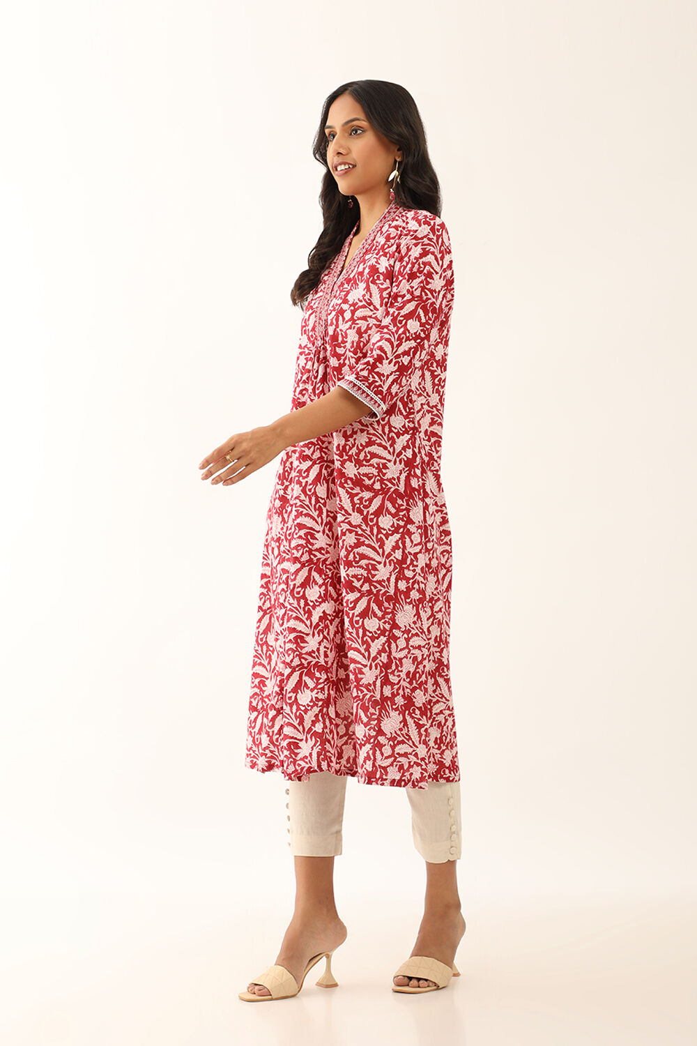 Red Cotton Printed Embroidery Kurta image number null