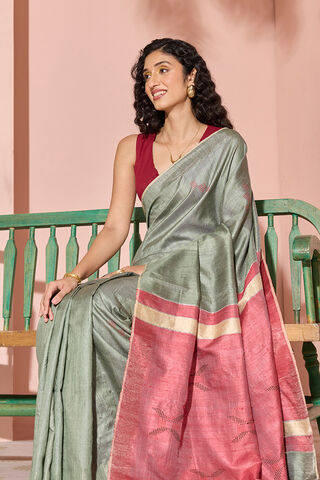 Dark Green Woven Pure Tussar Silk Bhagalpur Saree image number