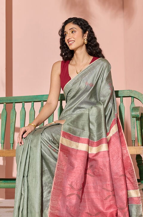 Dark Green Woven Pure Tussar Silk Bhagalpur Saree