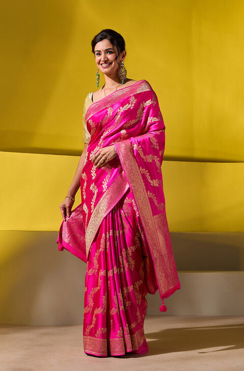 Pink Woven Viscose Saree