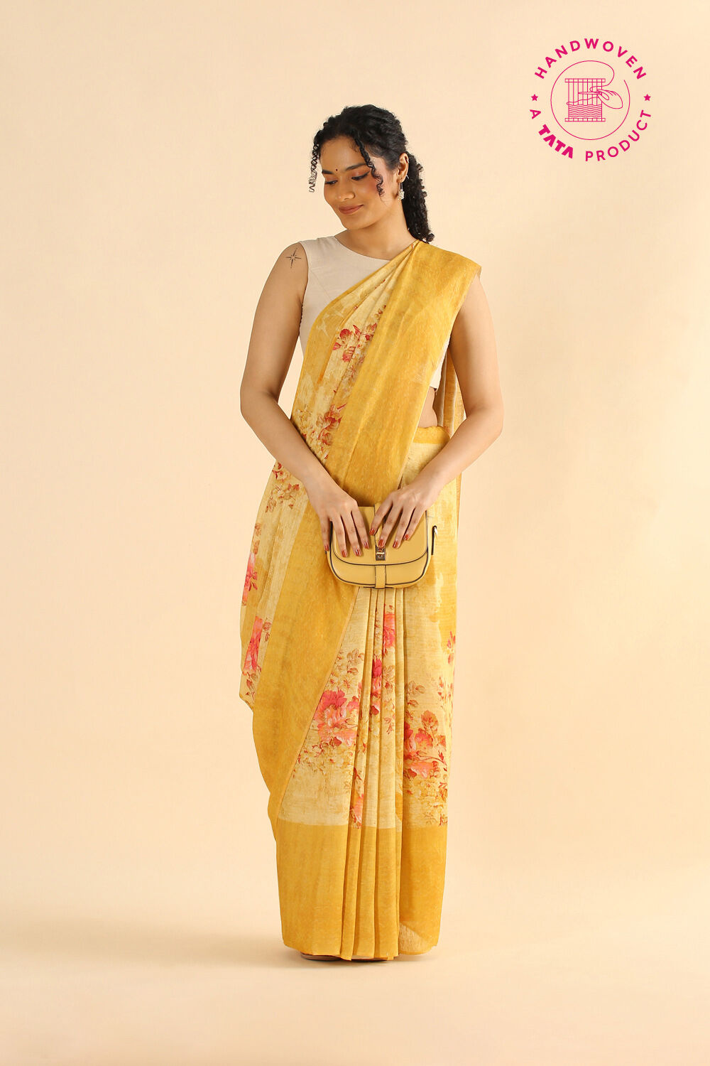 Yellow Pure Linen Digital Printed Saree image number null