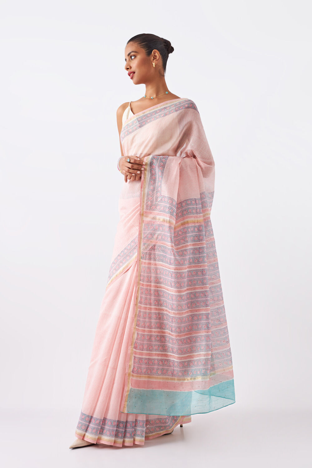 Light Pink Pure Silk Cotton Bagru Print Embroidered Saree image number null
