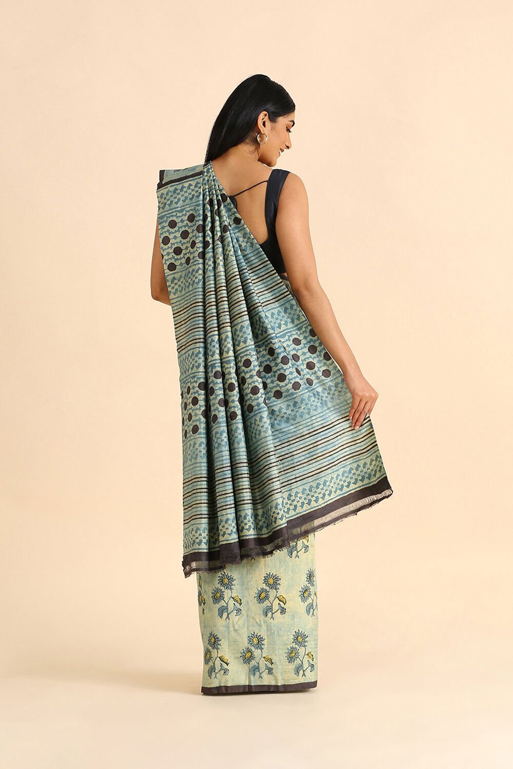 Blue Ajrakh Hand Blockprinted Pure Silk Saree image number null