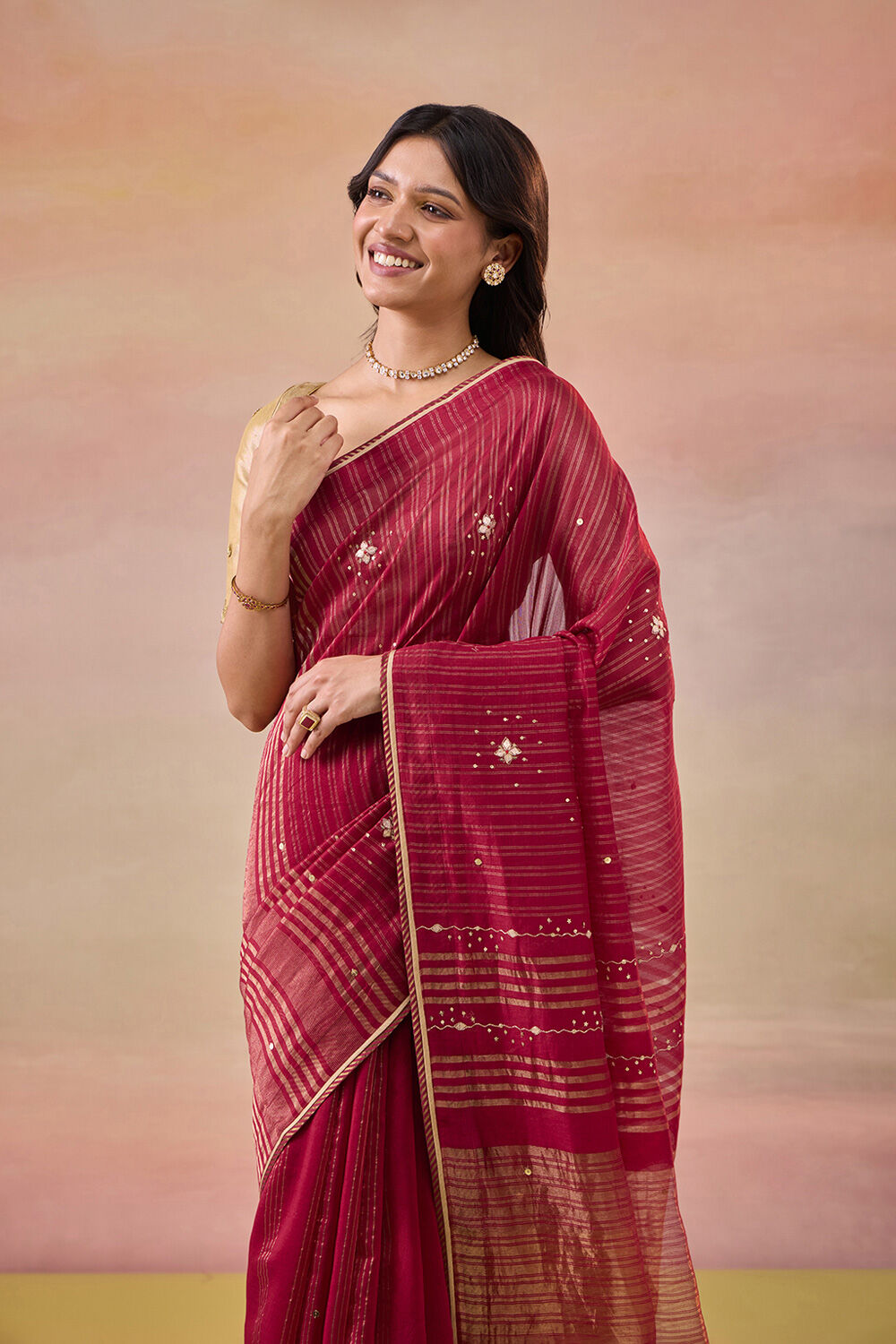 Dark Red Pure Silk Cotton Gota Patti Saree image number null
