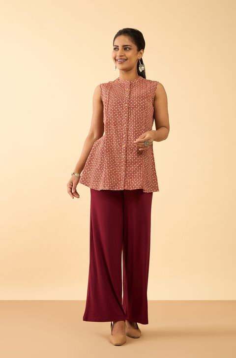 Dark Red Bagru Block Printed Pure Cotton Short Top