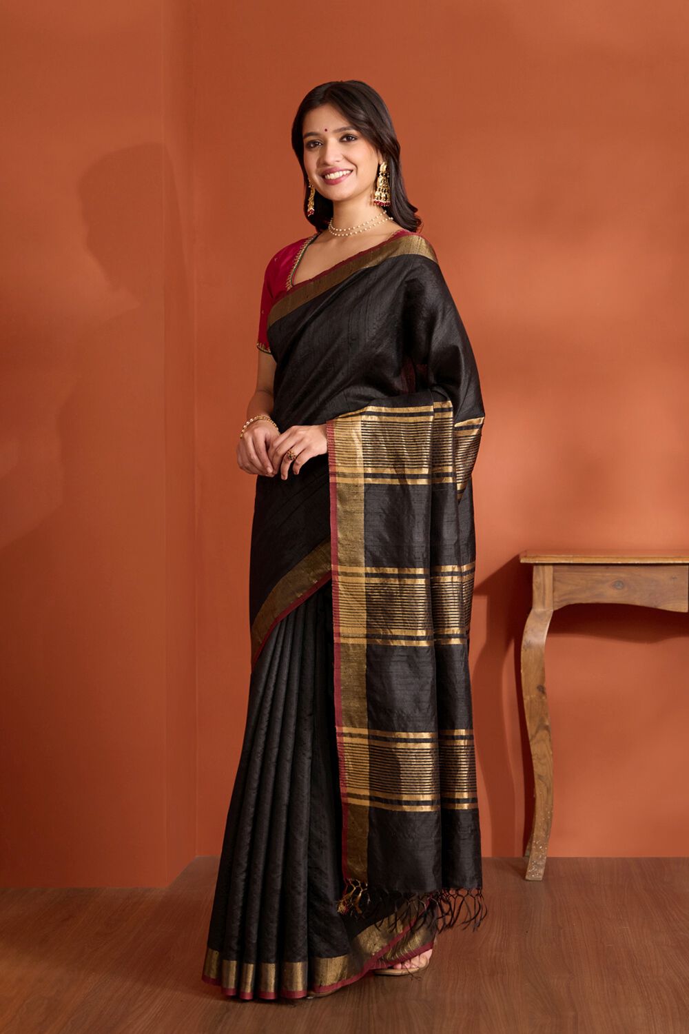 Black Pure Tussar Silk Bhagalpur Woven Saree image number null