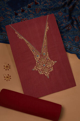Dark Red Pure Tussar Viscose Ajarakh Unstitched Suit Set image number