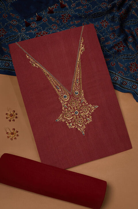Dark Red Pure Tussar Viscose Ajarakh Unstitched Suit Set