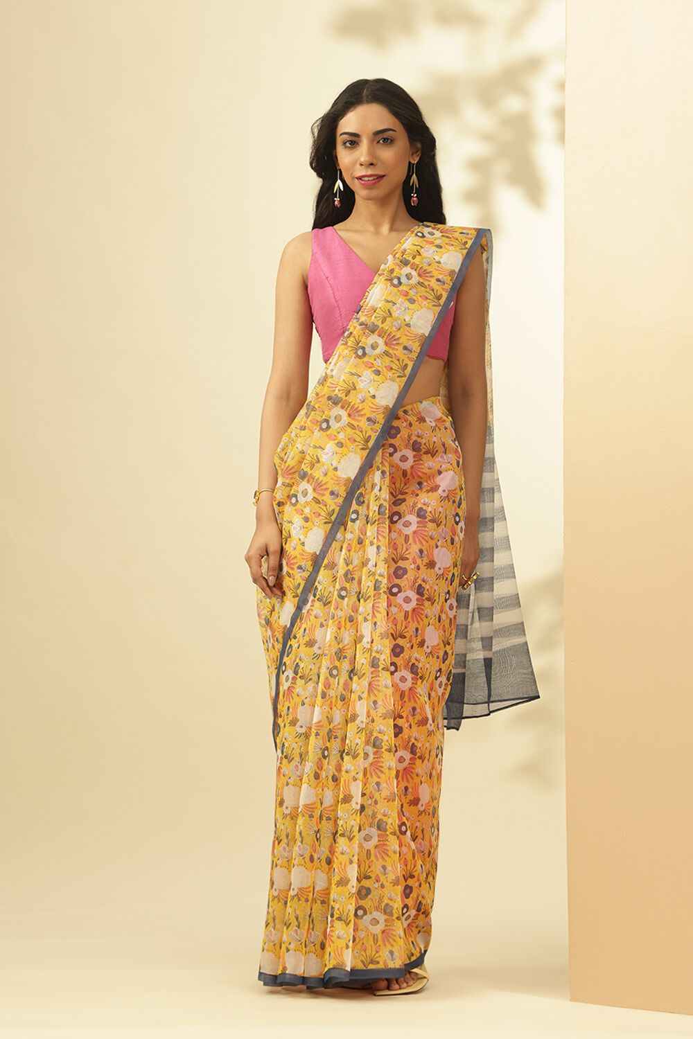 Yellow Screen printed Pure Silk Cotton Saree image number null