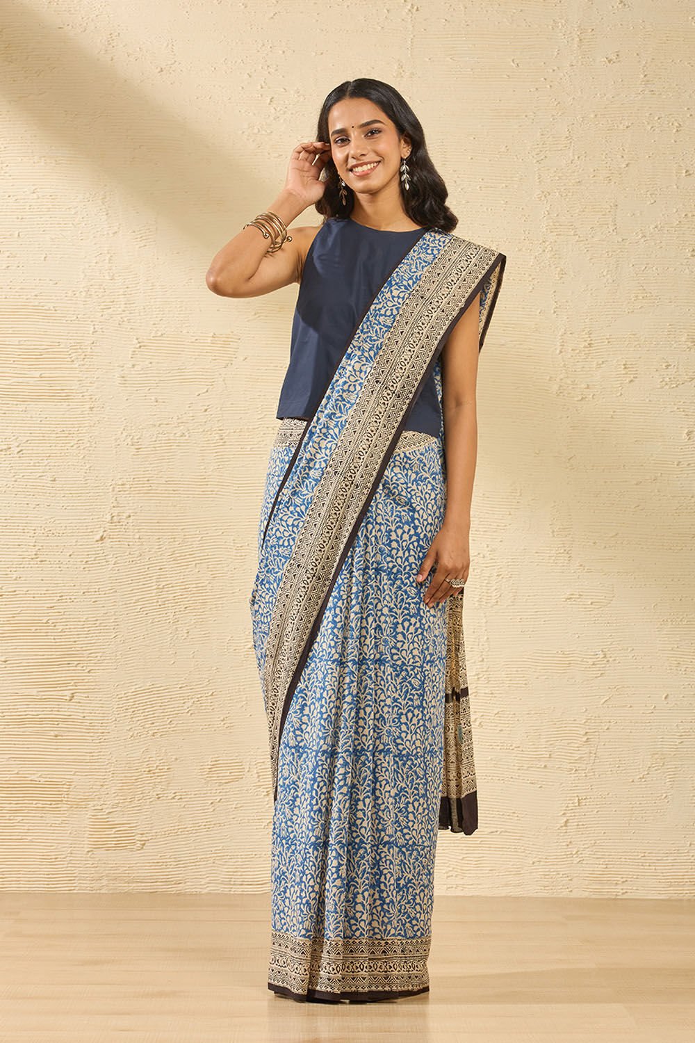 Blue Rajasthan Bagru Block Printed Pure Cotton Saree image number null