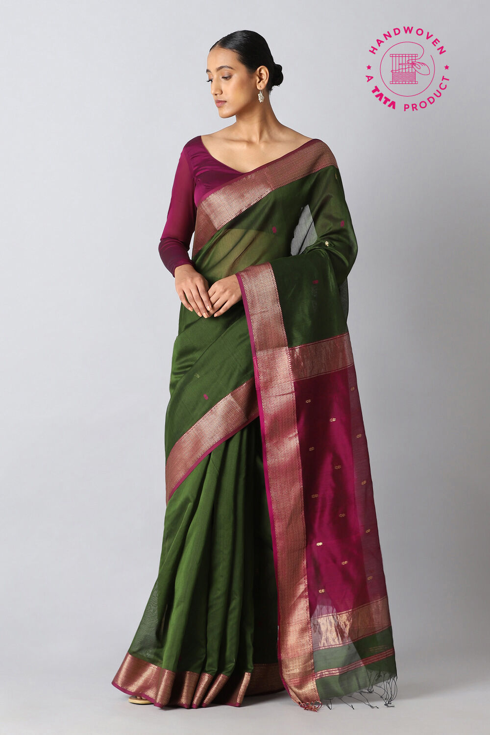 Green Pure Silk Cotton Maheswari Saree image number null