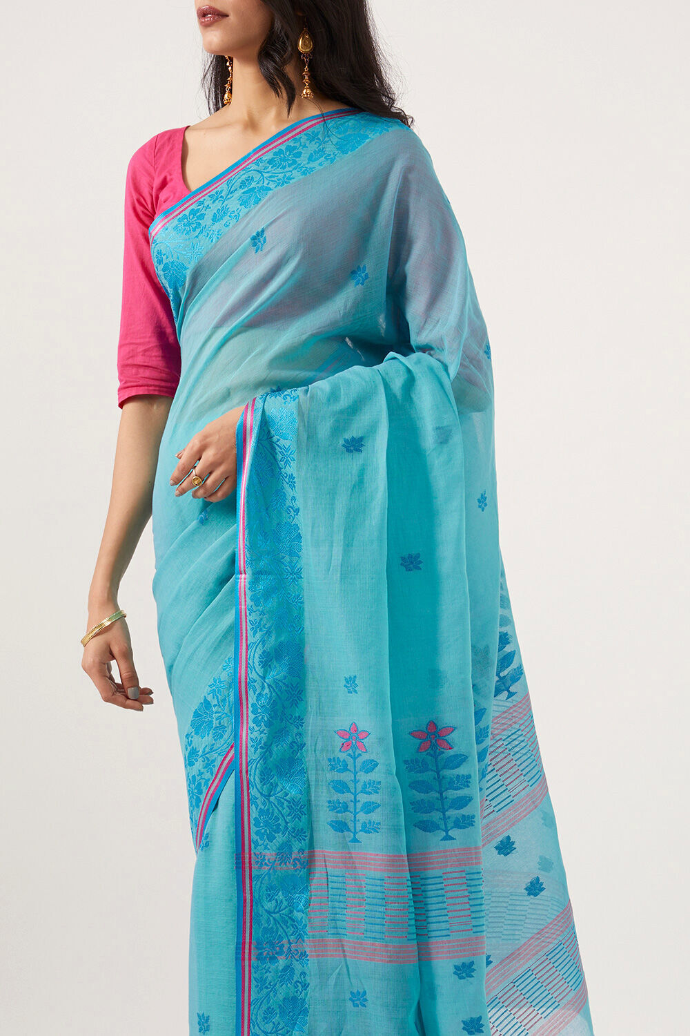 Blue Pure Cotton Bengal Jamdani Saree image number null