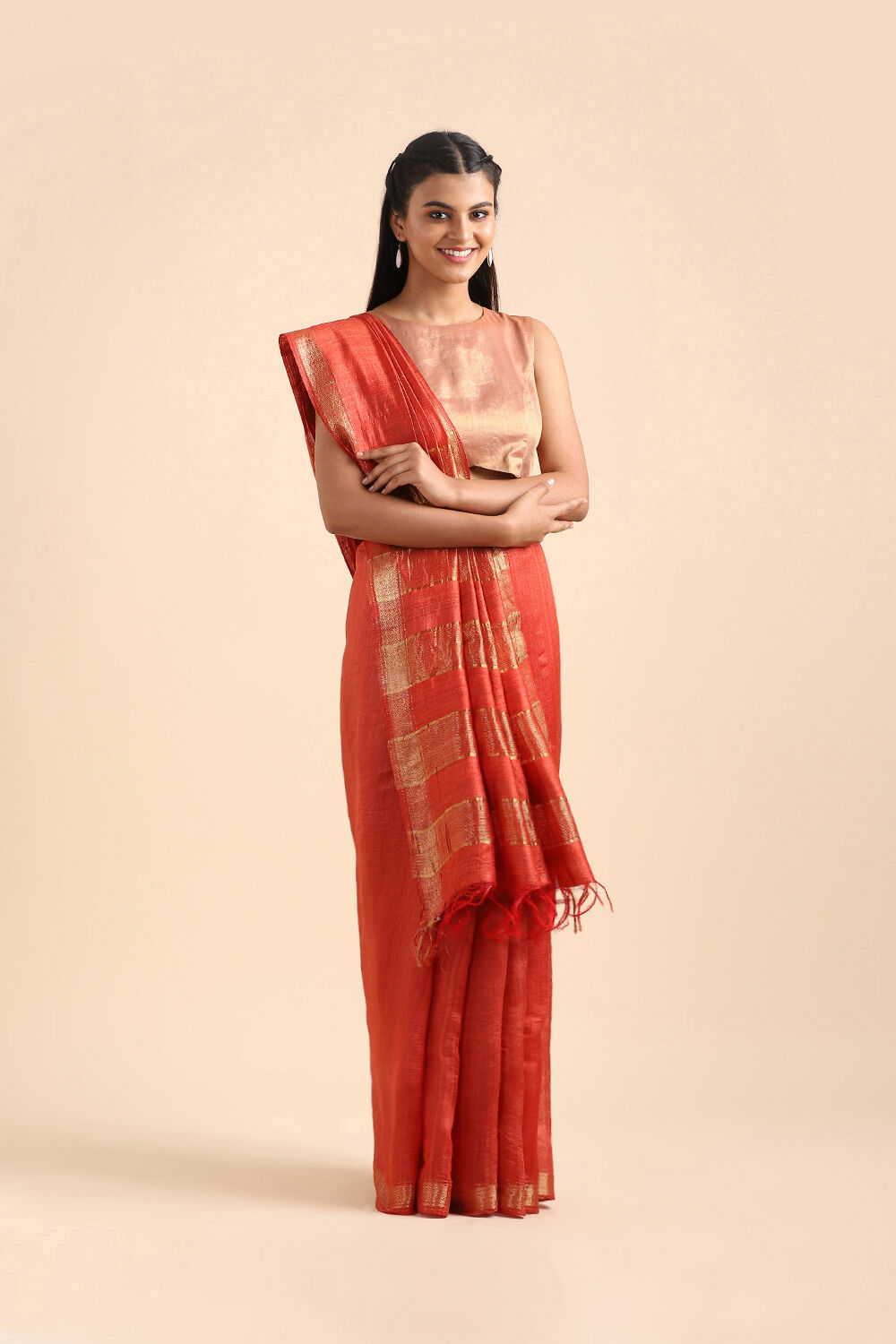 Dark Orange Pure Tussar Silk Bhagalpuri Saree image number null