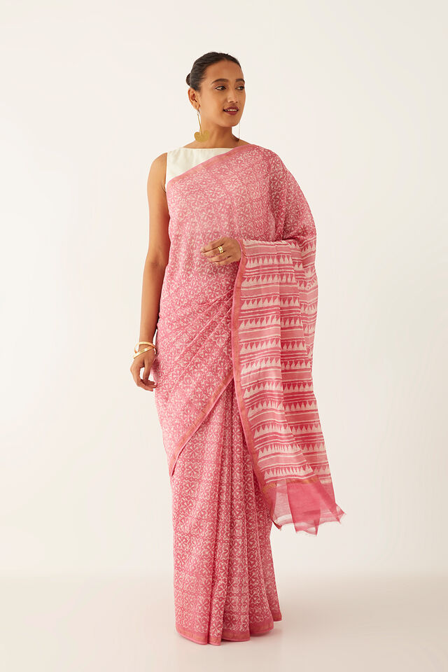 Pink Pure Silk Cotton Dabu Block Printed Saree