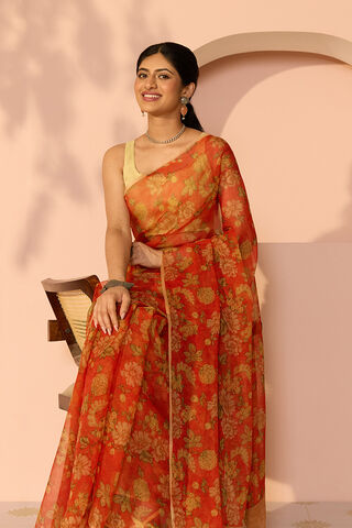 Orange Screen Printed Viscose Chiffon Saree image number
