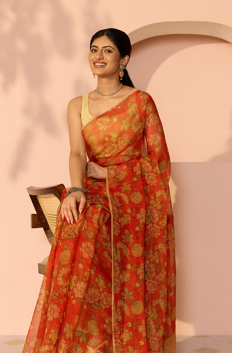 Orange Screen Printed Viscose Chiffon Saree