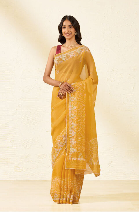 Yellow Tencel Embroidered Saree