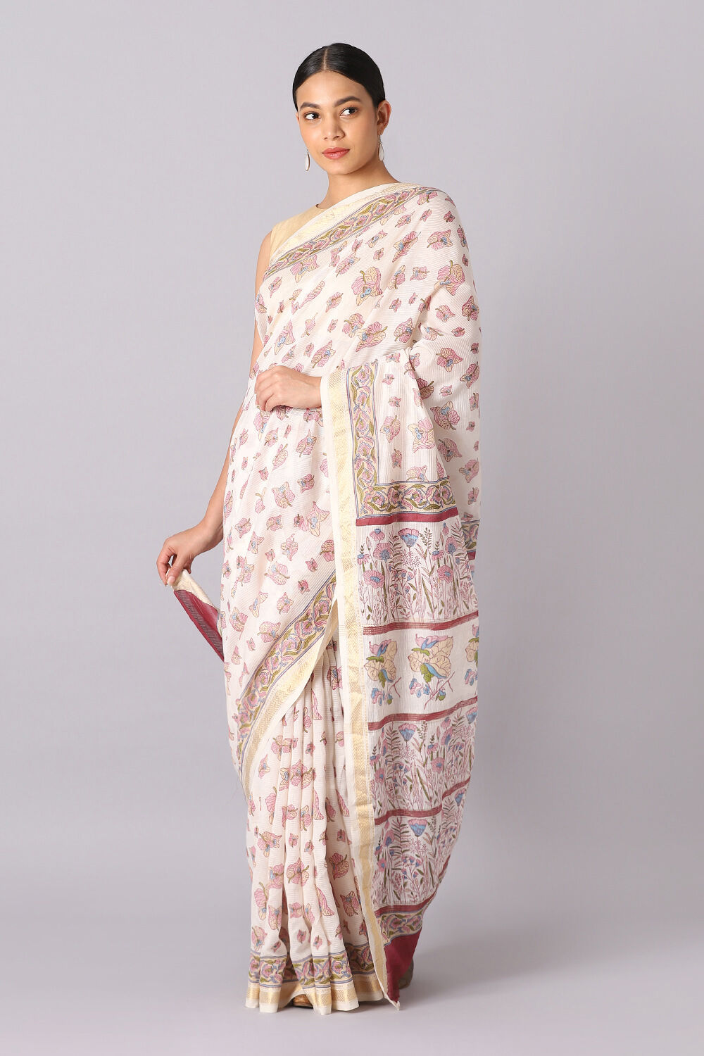 Off White Pure Silk Cotton Sanganeri Printed Saree image number null