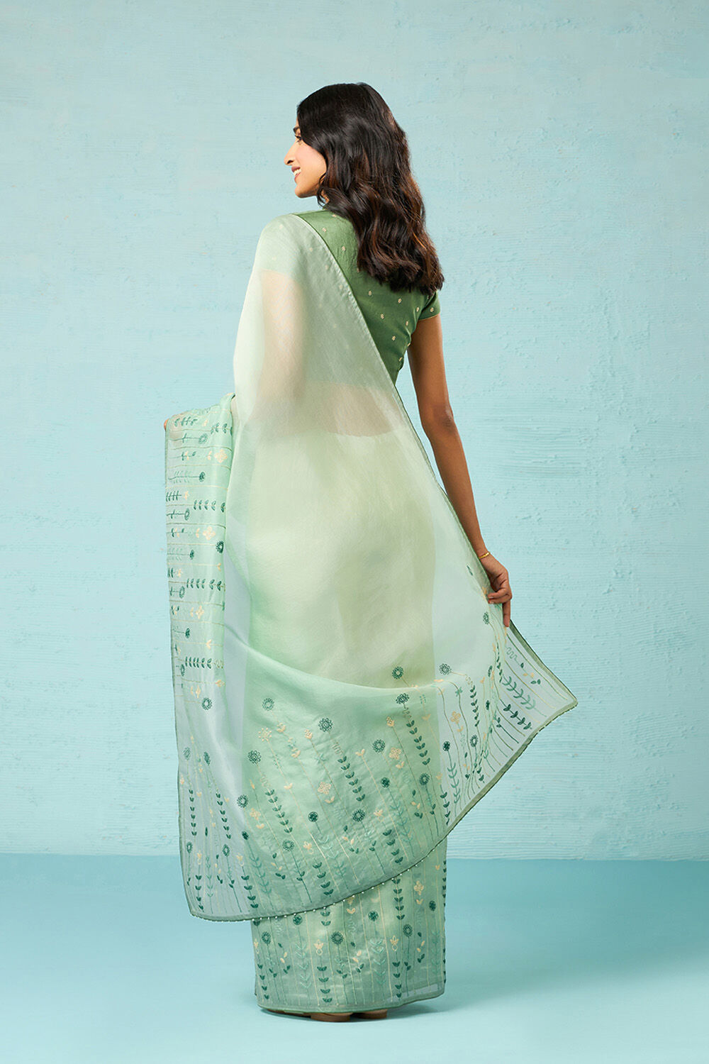 Light Green Pure Silk Organza Embroidered Saree image number null