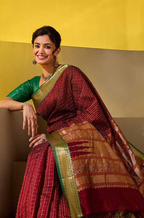 Dark Red Woven Pure Silk Cotton Saree